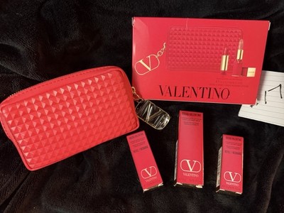 Valentino Rosso Lipstick Set Matte 123R Falling For Nude Satin 22R Cosmetic Bag