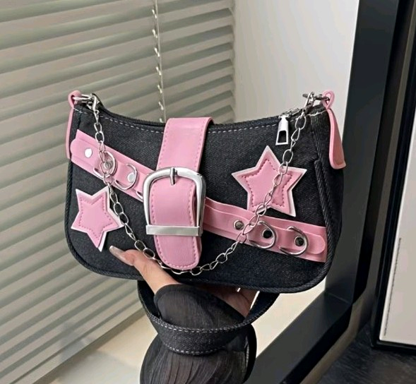 Black Pink Denim Shoulder Bag Silver Chain Buckle Grommets Zip Detach ...