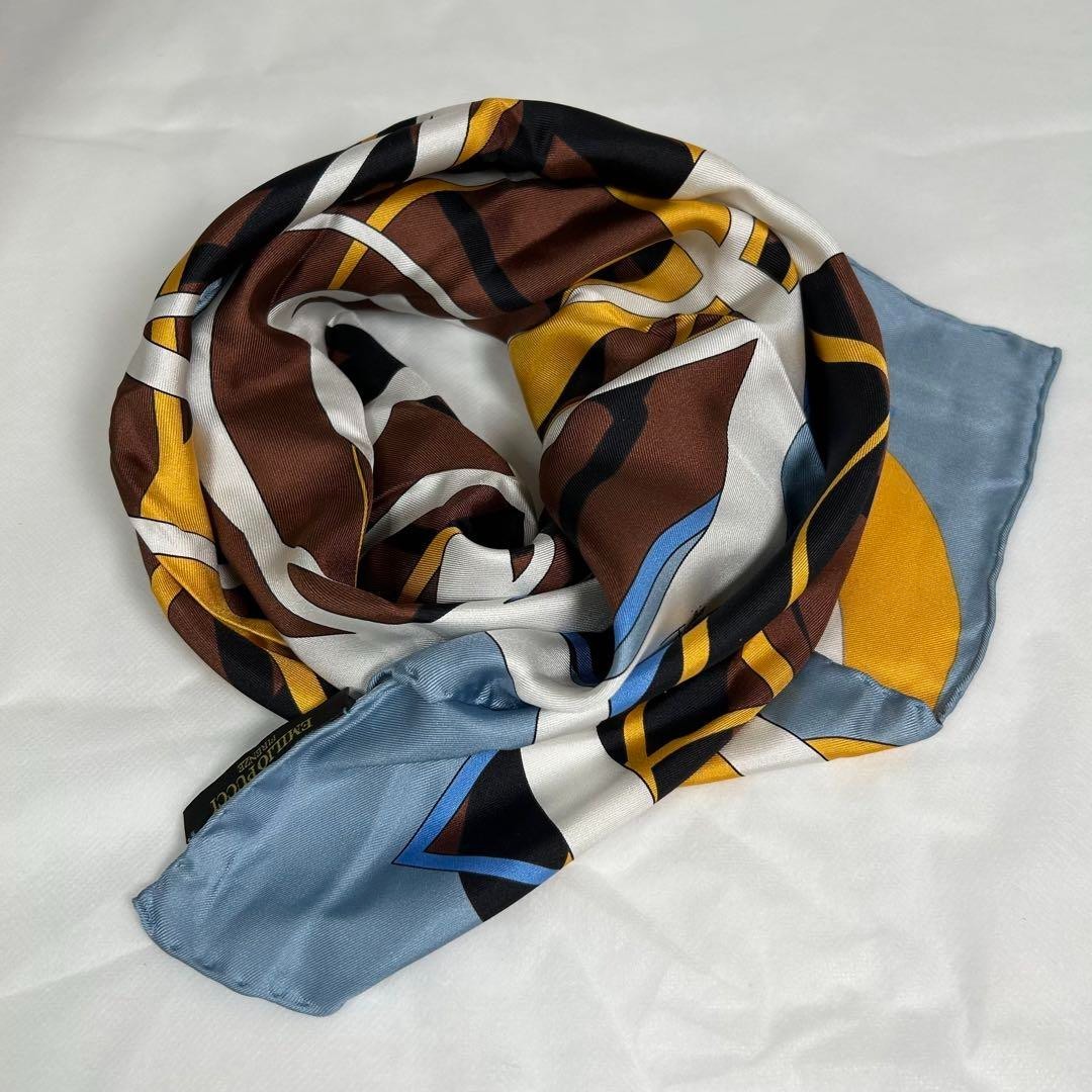 EMILIO PUCCI Geometric Silk Scarf in Brown Blue Yellow 55cm