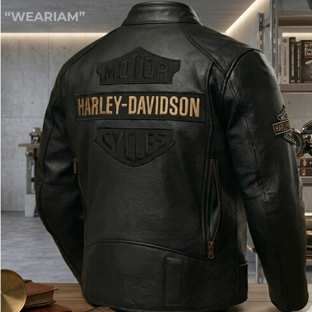 Men Harley Black Biker Jacket - Real Cowhide Leather Motorcycle