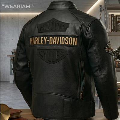 Men Harley Black Biker Jacket - Real Cowhide Leather Motorcycle