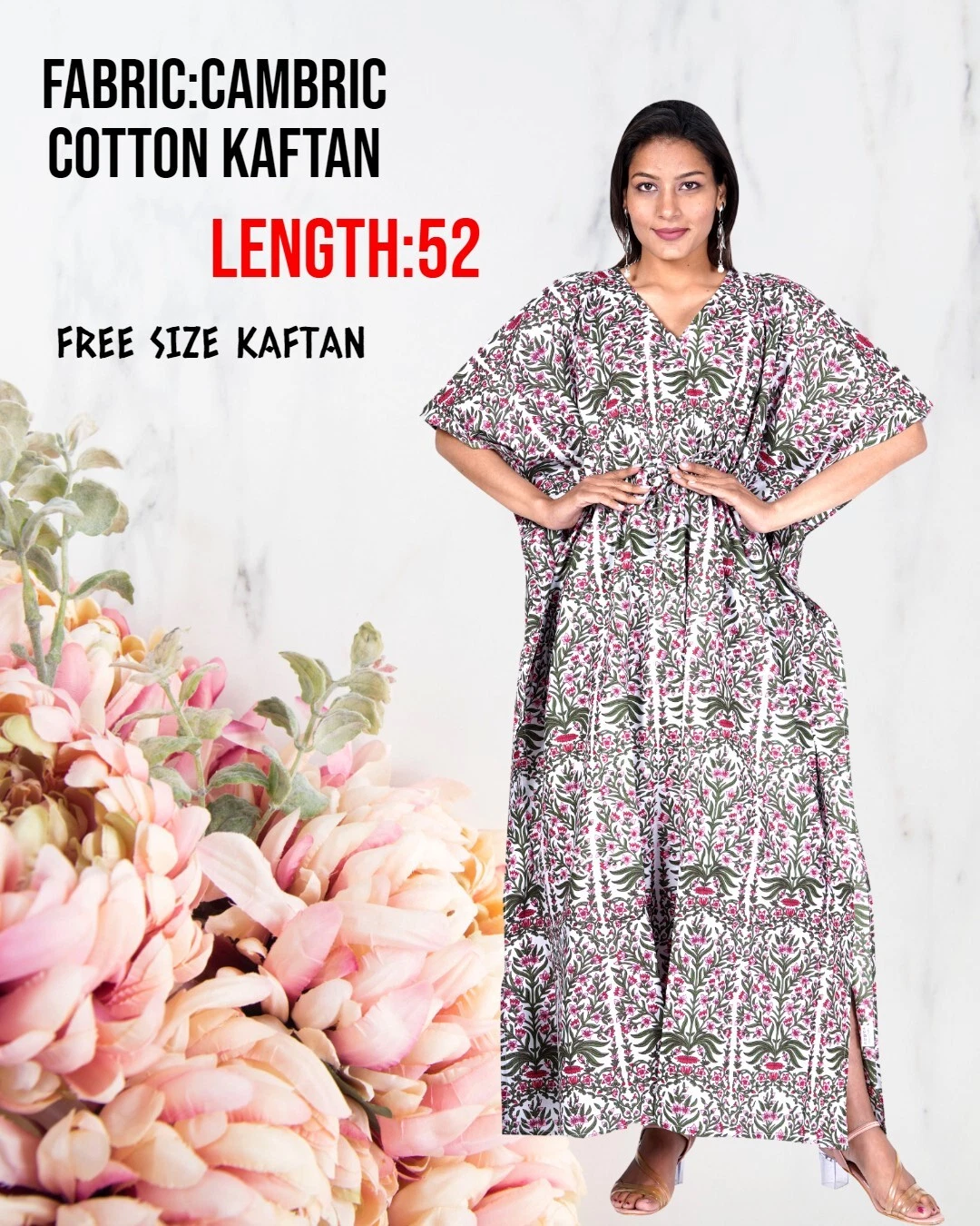 Indian Cotton White Floral Printed Kaftan Women's Clothing Party Wear Kaftan US