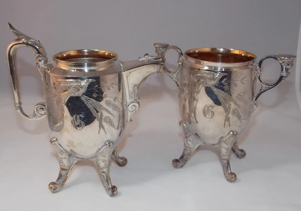 Juego de té de 5 piezas con plato de plata REED BARTON con campana de llamada de mayordomo RARA grabada G Foto 3 de 4