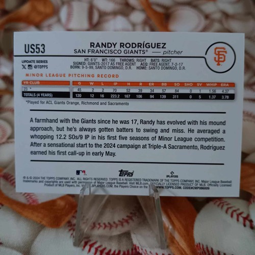 2024 Topps Update Series Powder Blue Randy Rodriguez #US53 RC - San Fran. Giants - Picture 2 of 2