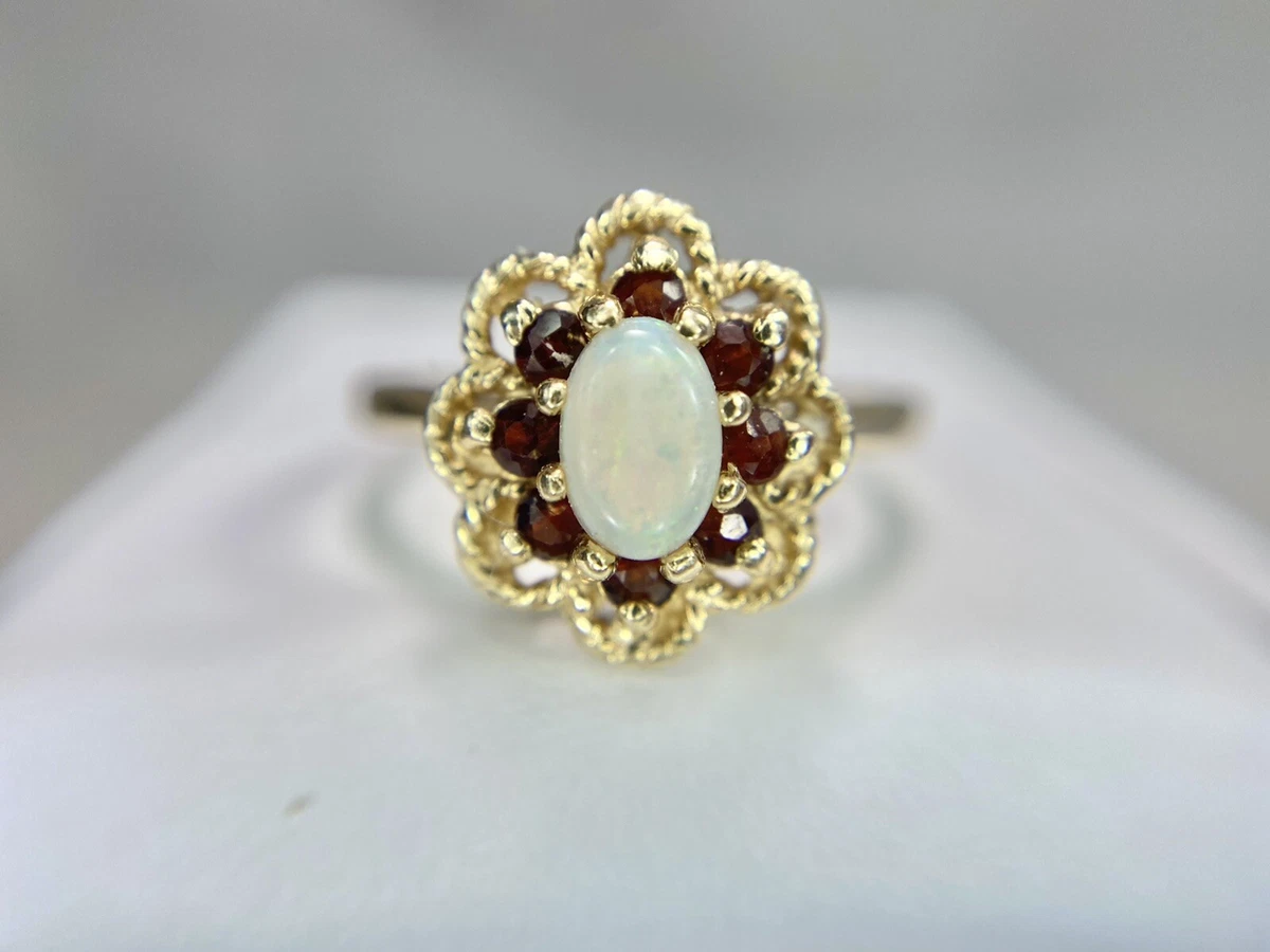 Vintage 10k Yellow Gold Oval White Opal Rhodolite Garnet Halo