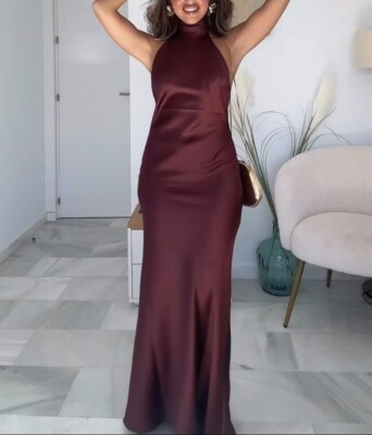 NWT ZARA Long Halter Dress w/ Open Back Wine Red 8739/331 Size XL