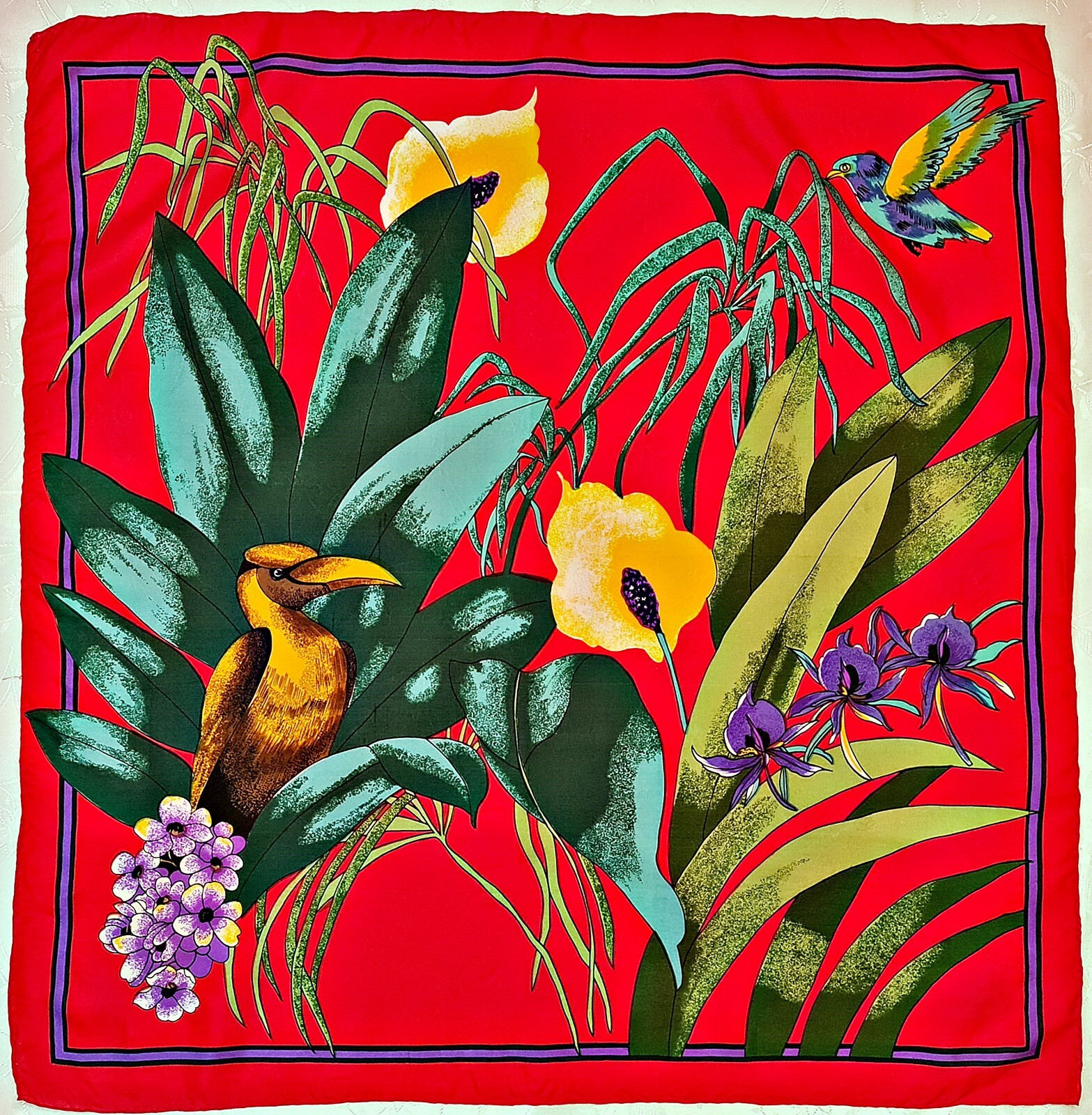 Vintage Red Silk Scarf with Parrot and Toucan Animal Art 34