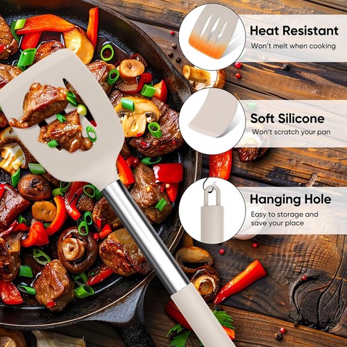 8pc Silicone Kitchen Utensils w/Stainless Handle,Nonstick&Dishwasher Safe-Khaki - Picture 3 of 7