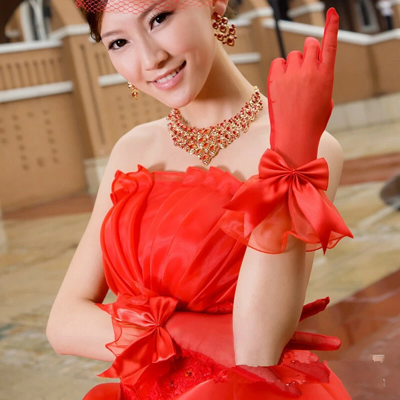 Red Fingerless Gloves Lace Stretch Satin Floral Church Wedding Bridal Gloves