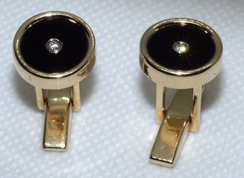 14K Solid Yellow Gold Beautiful Pair Of Black Onyx And Diamond Cufflinks 11.3 Gr