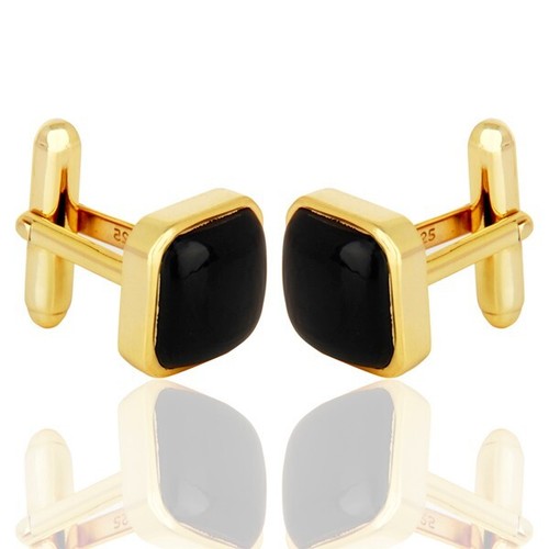 Square Shape Black Onyx Gemstone in Yellow Gold Plated Cufflinks For Men's Gift - Picture 3 of 7
