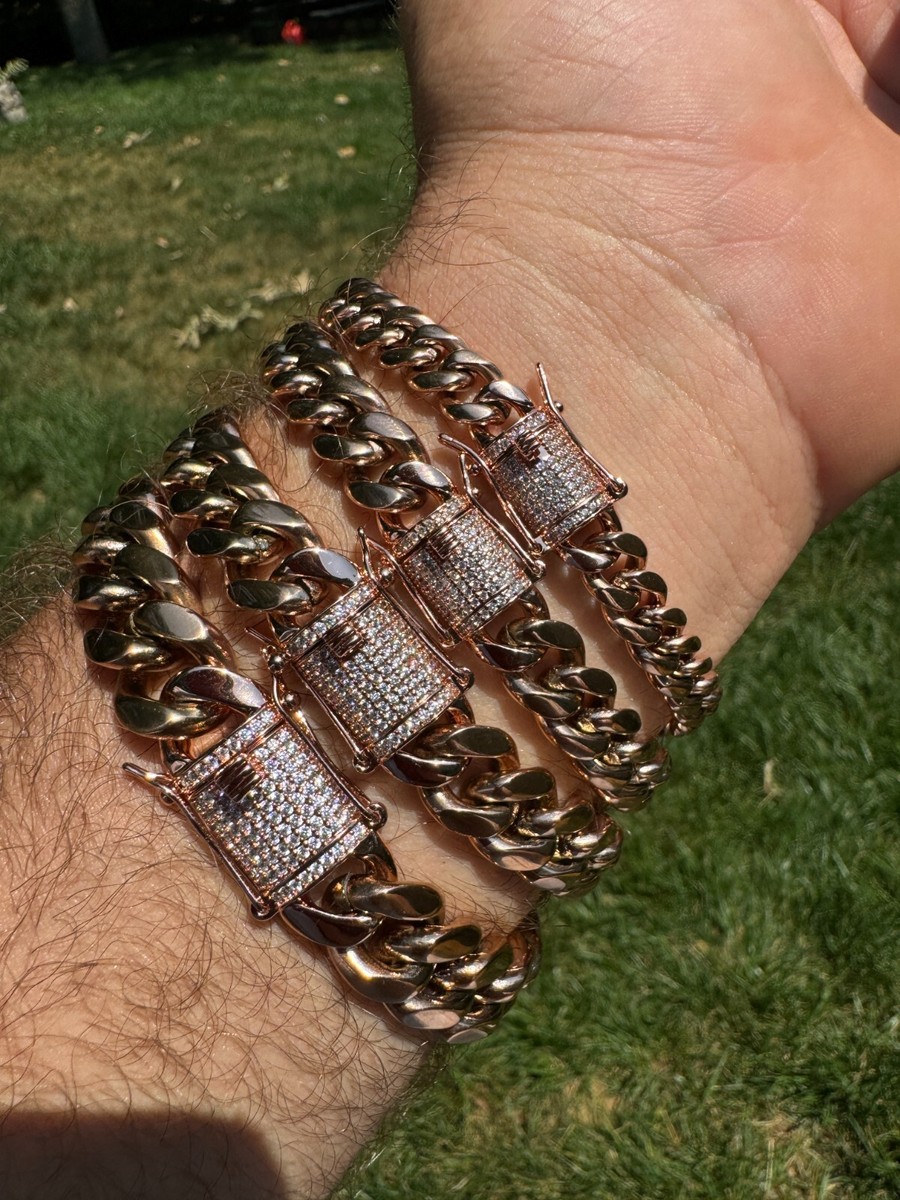 Miami Cuban Link Bracelet 1ct CZ Iced Clasp 14k Rose Gold Plated