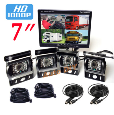 4x HD 1080P 18 LED IR Rückfahrkamera+ 7'' Auto 4CH Quad Split IPS Monitor 12V-24V