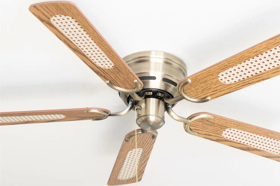 Flat Ceiling Fan With Pull Chain Kisa Brass 105 CM Blades Oak & Walnut - Image 3 of 4