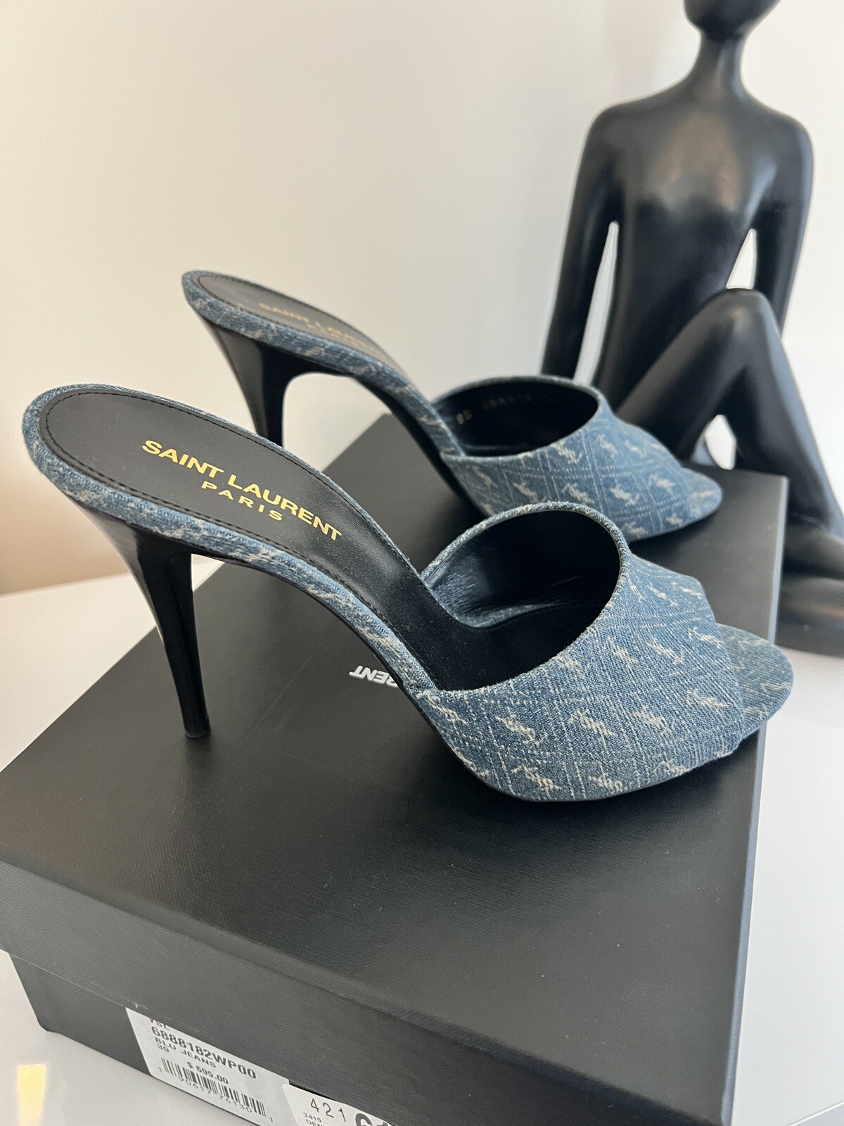 Sandali Saint Laurent YSL 39 denim jeans monogramma mulo slide tacco nuovi con scatola!