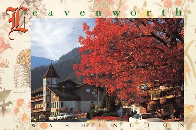 Postcard WA Leavenworth Cascade Mountains Bavarian Village Autumn Automobiles