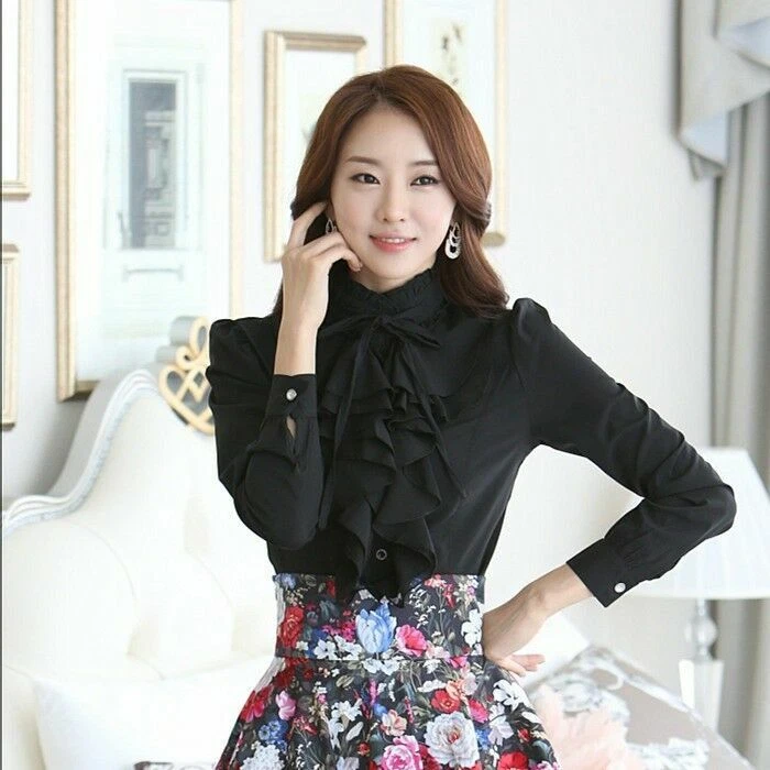 Lady Ruffles Frill Collar Shirt Top Chiffon Blouse Victorian