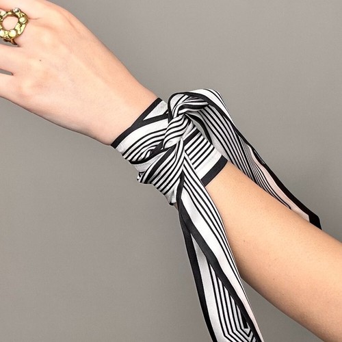New 100% Silk Scarf Unisex Classy in Black & White Striped Skinny Double-Side - Picture 2 of 6