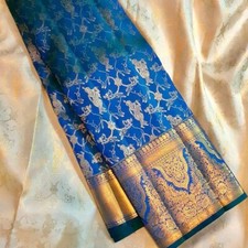 Bollywood Sari Soft Litchi Silk Bridal Blue Saree Blouse South Indian Party Wear