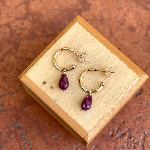 14K Yellow Gold Teardrop Briolette Genuine Ruby Charm Hoop Earrings Interchange - Picture 6 of 10