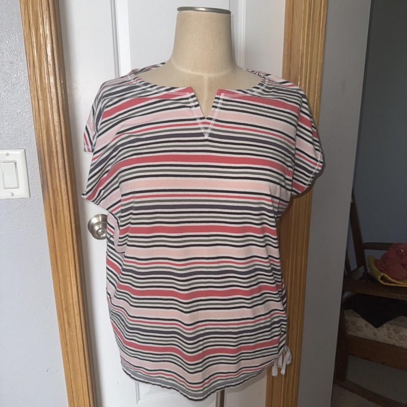 T By Talbots Top Womens  Multi Stripe Split Neck Tie Ruched-3X