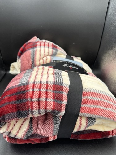 Cuddle Duds Khaki Tan & Red Plaid Fleece Micro Plush & Faux Fur Throw Blanket - Picture 5 of 6
