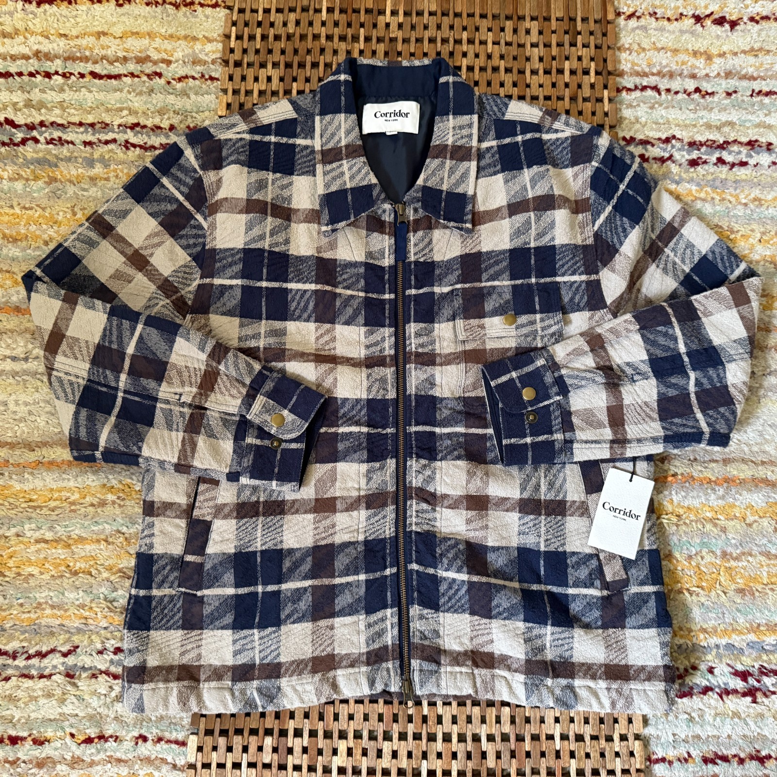 NWT Corridor NYC Jacquard Plaid Full Zip Jacket Blue Tan Men's Medium M NEW