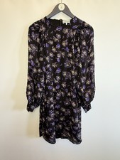 GANNI Black Floral Dress UK 10 Puff Sleeve Knee Length  Lightweight Long Sleeve