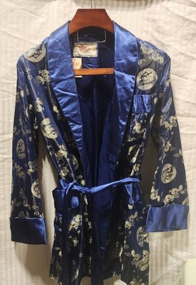 Vintage 70's Solz Squirrel  Men's Blue Satin Smoking Jacket  Brocade Silver...