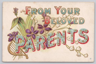 Vintage Embossed Floral Postcard From Your Beloved Parents Forget-Me-Nots
