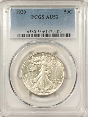 1920 WALKING LIBERTY HALF DOLLAR - PCGS AU-53, WHITE!