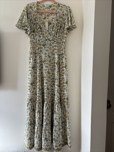 Max Studio Womens Midi Floral V-Neck Dress Short Sleeve Ivory Multi Size L NWT