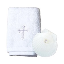 Silver Baptism Towel Shell Set White Christening Cloth Embroidery Cross Cotton