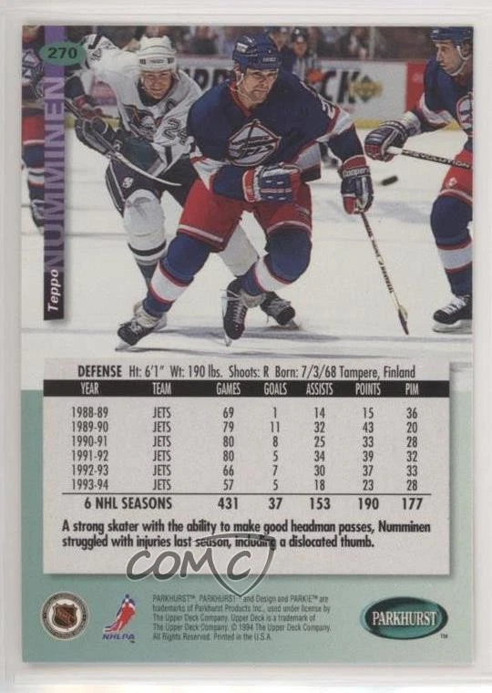 1994-95 Parkhurst Teppo Numminen #270 - Image 2 of 2
