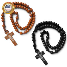 Wood Rosary Necklace Set of 2, Tan or Black Beads, 22" Length