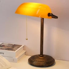 Bankers Desk Lamp Student Antique Vtg Style Amber Glass Shade