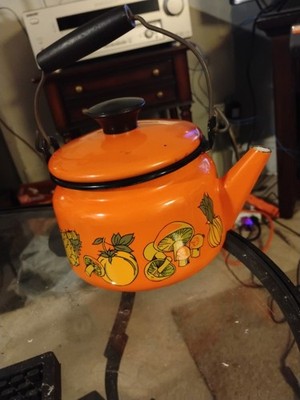Vintage Teapot Orange With Vegetables Around The Side. 