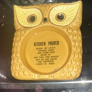 Ceramic Owl Spoon Rest Kitchen Prayer Vintage/Retro Yellow Brown Black
