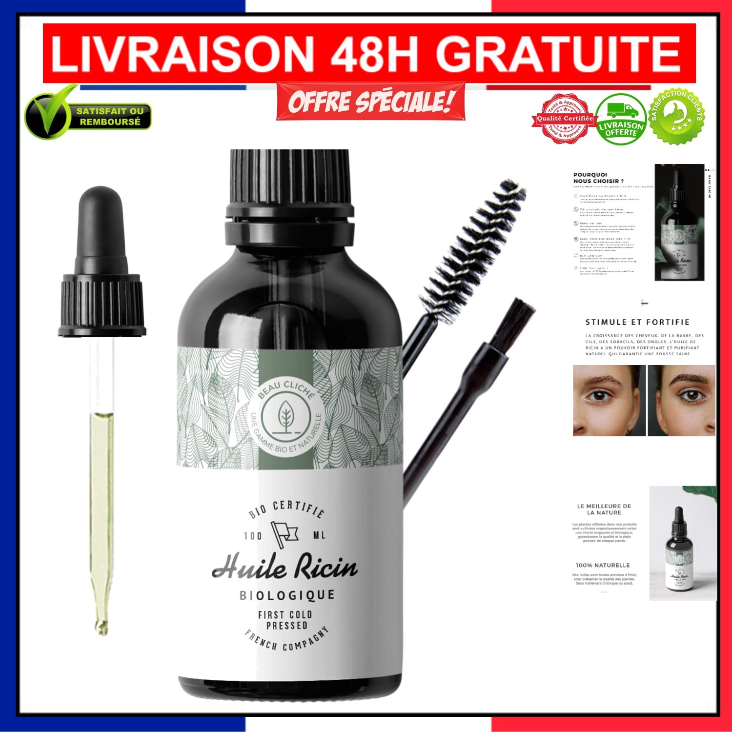 Huile de ricin 100ml bio pour le soin naturel de la barbe et fortifiant ongles