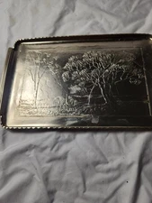  ARTHUR ARMOUR HAMMERED SERVING TRAY. TREE & COUNTRY CHURCH! ALUMINUM Vintage 
