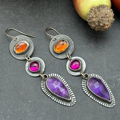 Drop Earrings Silver Tone Metal Orange Purple Stone Daily Womens Jewelry