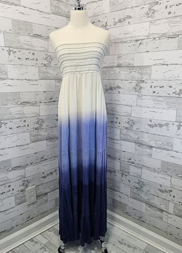 Solitaire Strapless Smocked Maxi Dress Large Blue Ivory Ombre Resort Beach - Bild 1 von 10