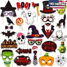 30PCS Halloween Photo Booth Props Kit Witch Hat Pumpkin Bat Fancy Dress Up Acces