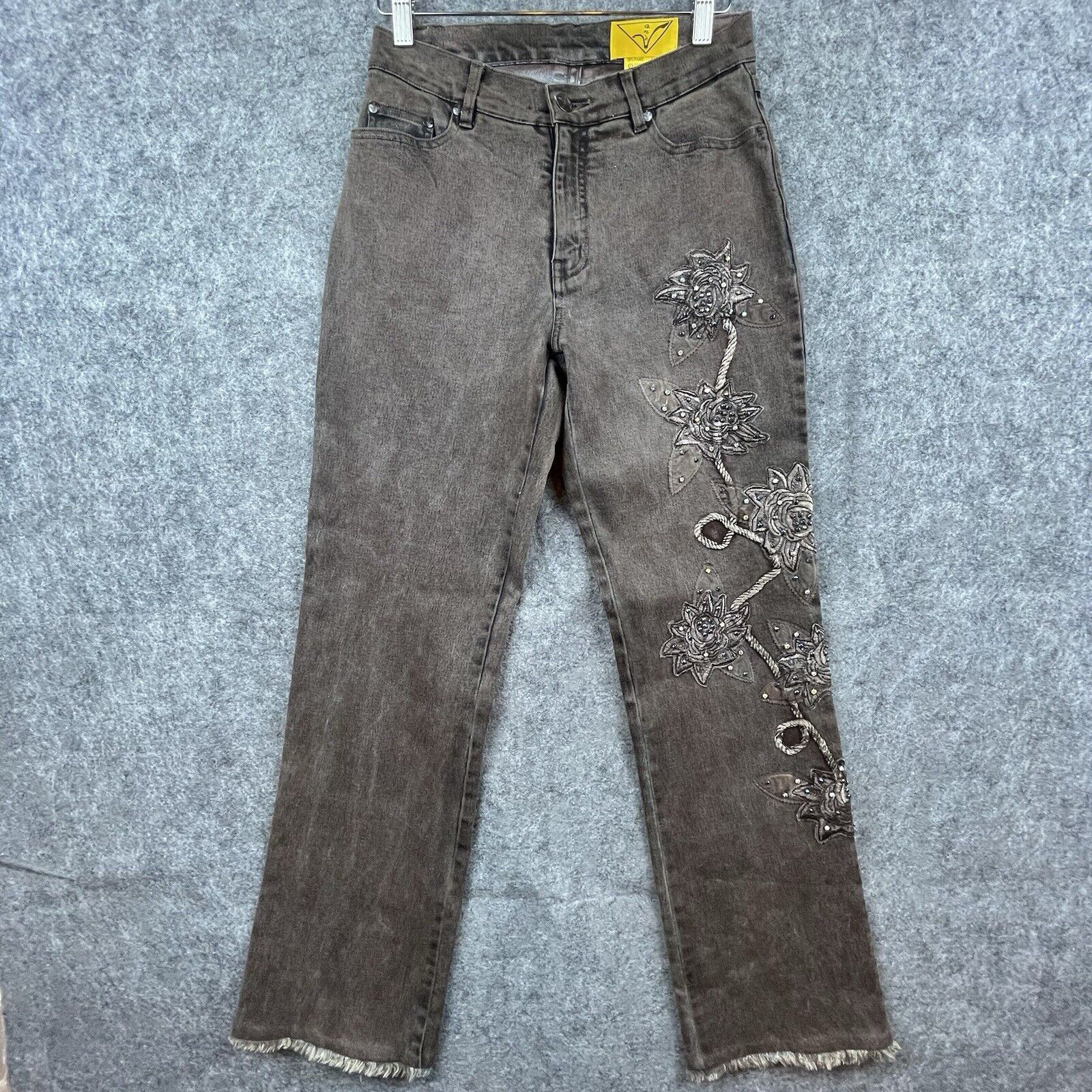 Vintage Anev Y2K Embroidered Rhinestone Studded Brown Jeans for Women