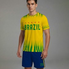 Herren Brasilien-Fußball-Trikotsatz Gelb-Grün Gestreift Nr. 26 Set