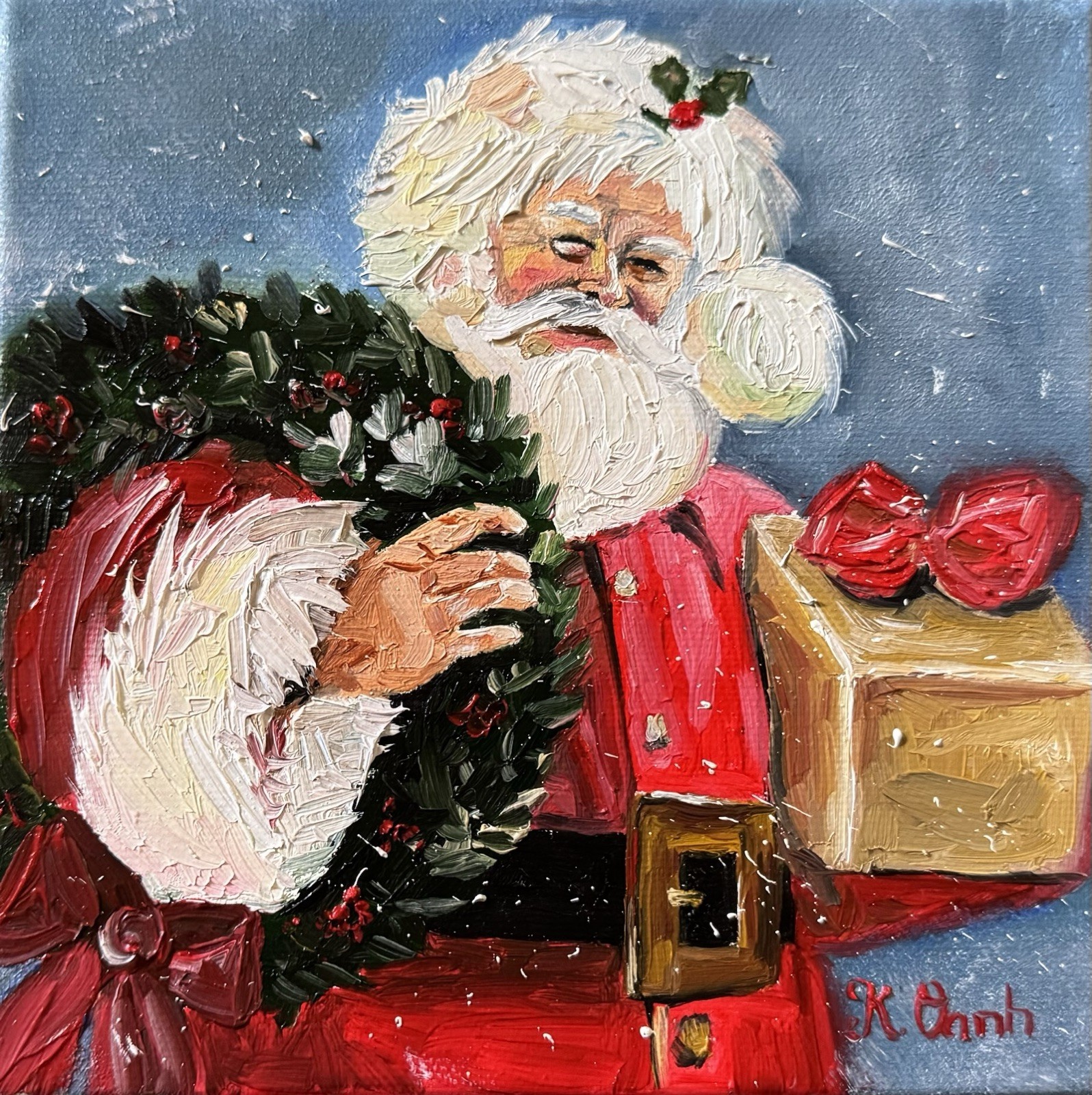 ORIGINAL OIL PAINTING SANTA CLAUSE CHRISTMAS WINTER ON STRETCH CANVAS SIGNED 6x6