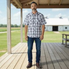 Vintage Wrangler Western Shirt XXL Mens Plaid Short Sleeve Pearl Snap Blue