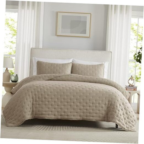 Cloud Quilt Size Bedding Set with Pillow Sham, Tan Puffy Cozy King Beige