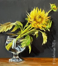 Original Oil Painting Still life with Dahlia in glass vase