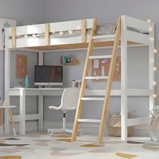 3FT Bunk Bed Single High Sleeper Loft Cabin Bed Pine Wood Frame Kids Study Desk